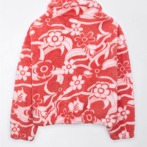 AE American Eagle Zip-Up Bear Hug Sherpa Jacket Pink Flowers XS oversized bomber - Picture 5 of 12